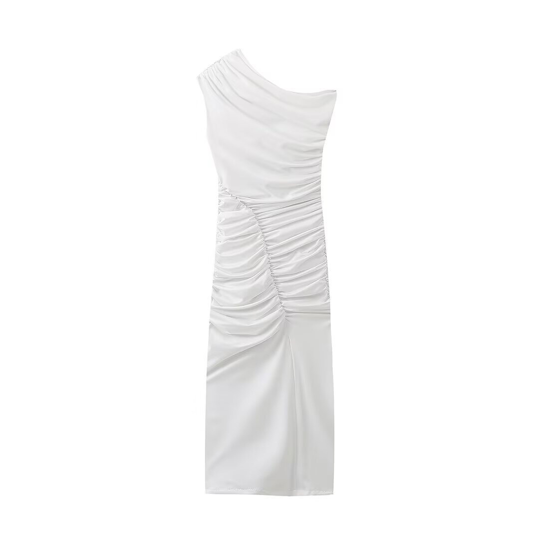 Sexy women's split temperament pleated decoration elastic asymmetrical sleeveless dress-chiquechics