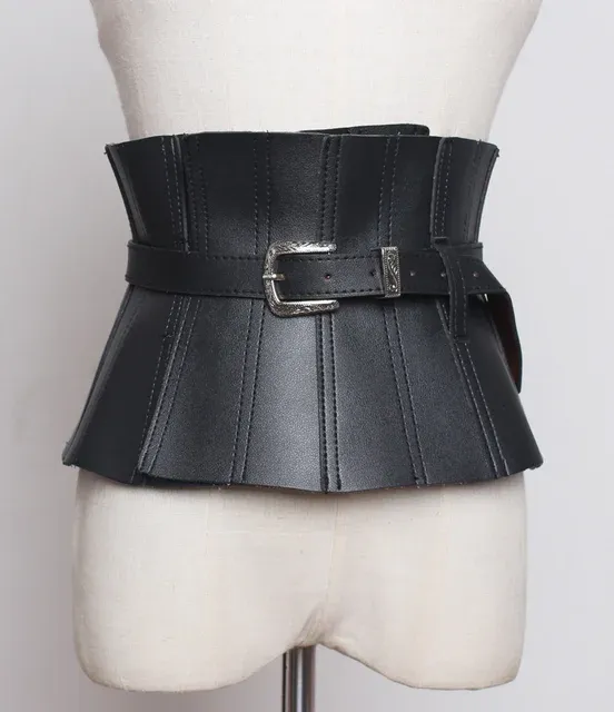 Ruffles PU Leather Cummerbunds Women Solid Color Waist Girdle Adjustable Wide Belts