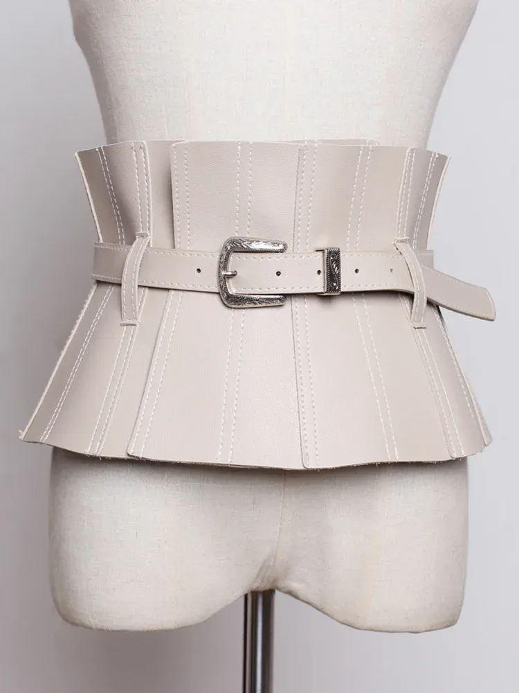 Ruffles PU Leather Cummerbunds Women Solid Color Waist Girdle Adjustable Wide Belts