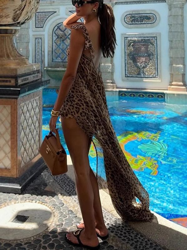 New chiffon printed suspender long skirt holiday loose leopard print two-piece set-chiquechics