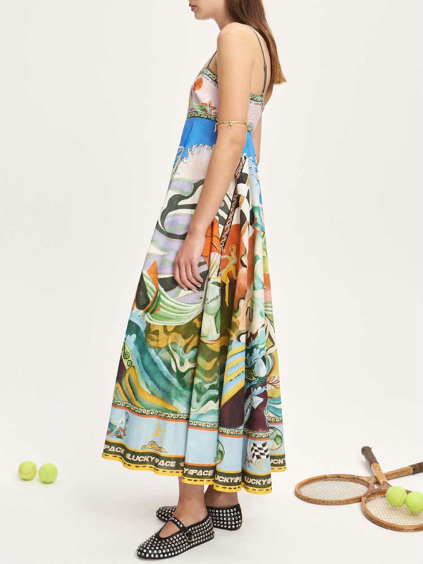 Printed suspender sunflower skirt holiday style dress-chiquechics