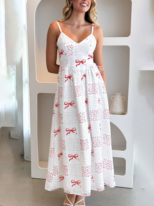 New V-neck waist holiday backless bow print dress-chiquechics
