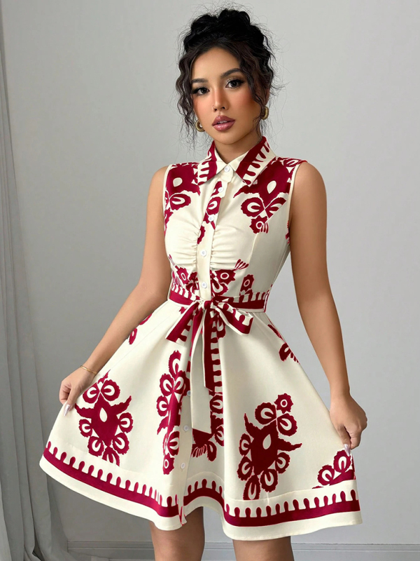 Women's Fashion Printed Waist Tie Sleeveless Dress-chiquechics