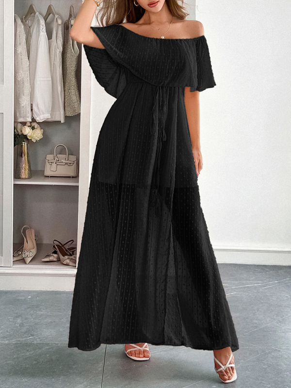 Elegant Strapless Waisted Short Sleeve Long Dress-chiquechics
