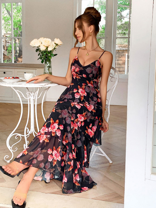 Elegant style sling black bottom pink flower melaleuca dress-chiquechics
