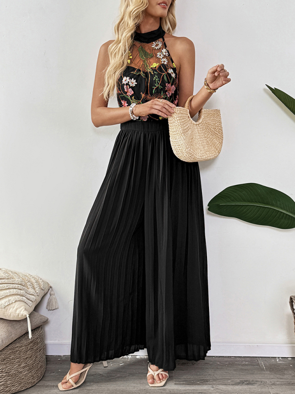 Sleeveless See-through Women's Halter Neck Sleeveless Lace Embroidery Splicing Wide Leg Jumpsuit-chiquechics