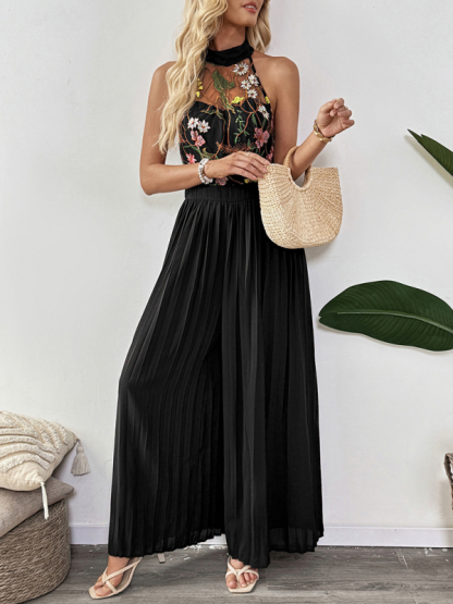 Sleeveless See-through Women's Halter Neck Sleeveless Lace Embroidery Splicing Wide Leg Jumpsuit-chiquechics