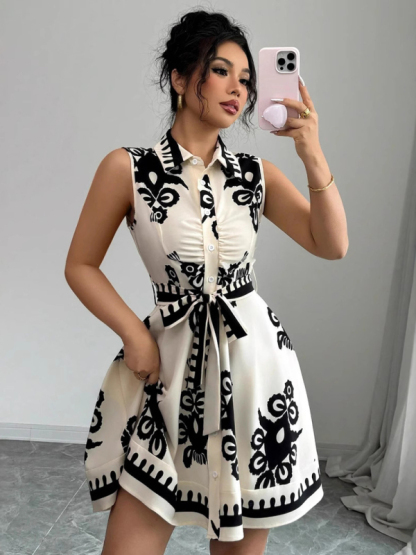 Women's Fashion Printed Waist Tie Sleeveless Dress-chiquechics