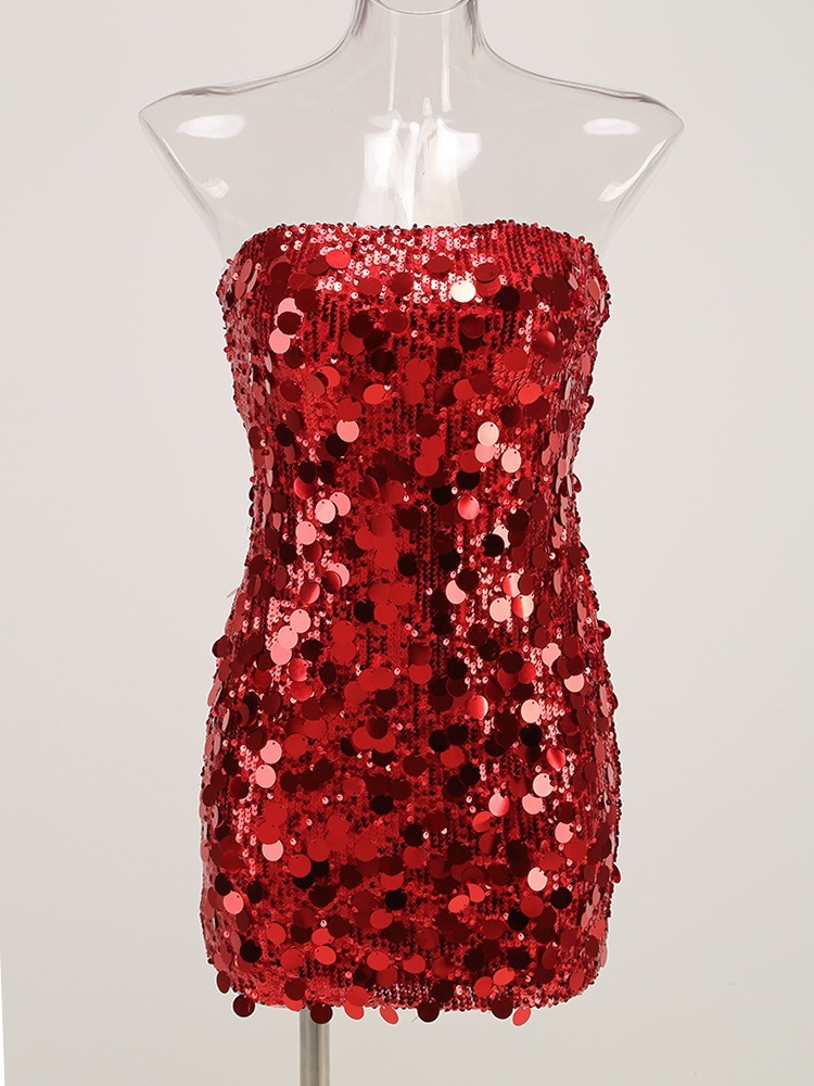 European and American women's new sexy strapless sequined dress with high-end temperament, hip hugging skirt, evening dress for -chiquechics