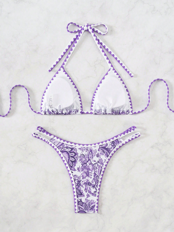 Purple Printed Halter Neck Sexy Bikini-chiquechics