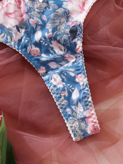 Sexy women's small floral lace patchwork printed underwear set-chiquechics