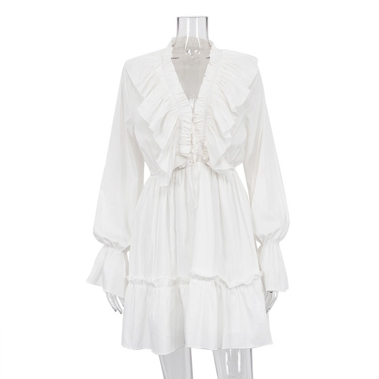 V-neck pleated flared sleeves with ruffled edges, white dress with women's design feeling fluffy skirt-chiquechics