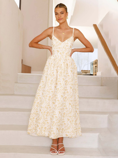 New V-neck waist holiday long dress sexy backless bow tie dress-chiquechics