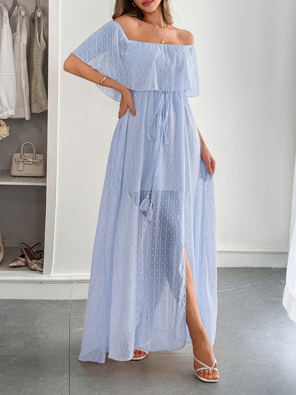 Elegant Strapless Waisted Short Sleeve Long Dress-chiquechics