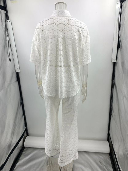 New Fashion Lapel Hollow Lace Short Sleeve Top Trousers Set-chiquechics