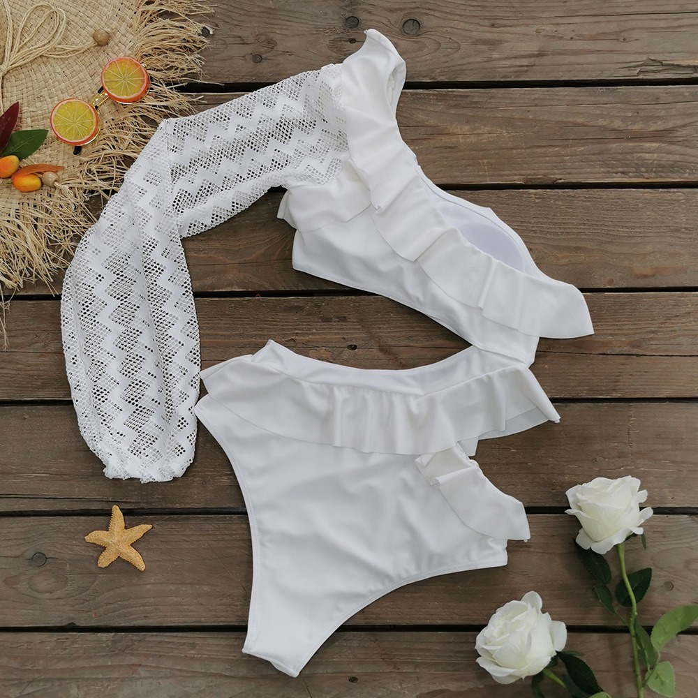 SwimwearSingle shoulder mesh long sleeved jumpsuit bikini solid color swimsuit with fly edge hollowed out high waist-chiquechics