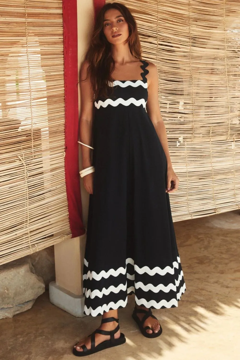 Contrast Trim Square Neck Wide Strap Dress-chiquechics