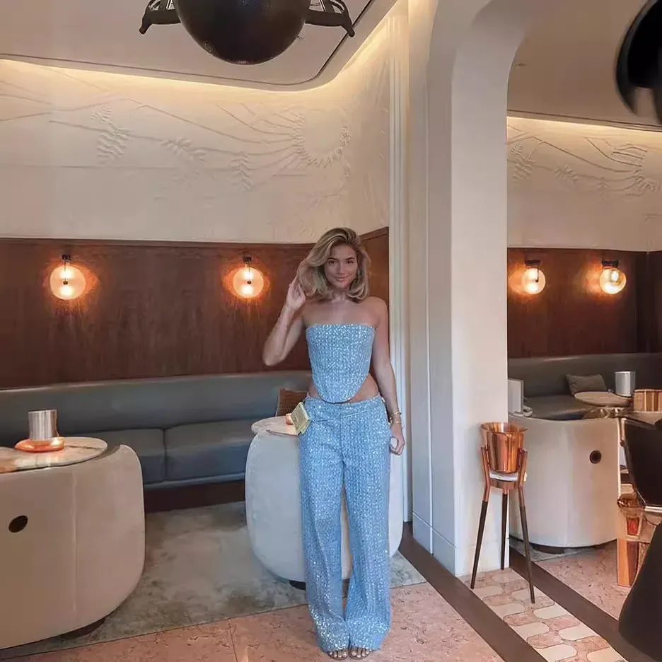 New Arrival Spring and Summer Cross-border Women's Sexy Denim Sequins Slim Fit Tube Top Wide-leg Pants-chiquechics