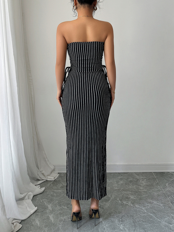 Elegant striped strappy tube top hip skirt suit-chiquechics
