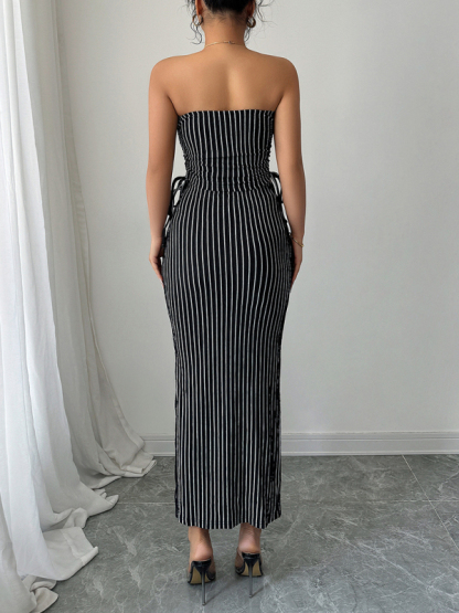 Elegant striped strappy tube top hip skirt suit-chiquechics