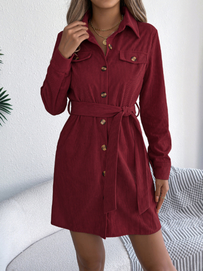 Casual solid color single-breasted long-sleeved tie corduroy shirt dress-chiquechics