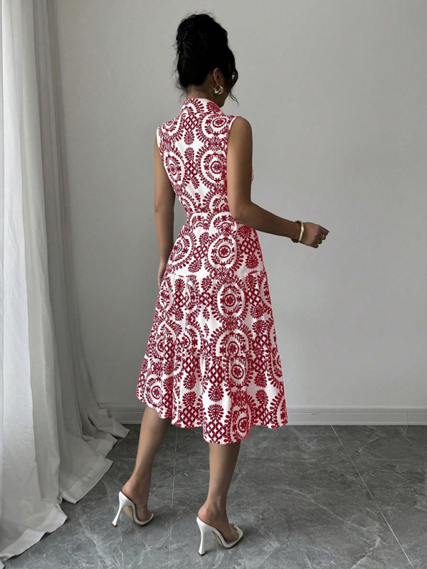 Fashionable off-shoulder waist-binding red printed sleeveless dress-chiquechics