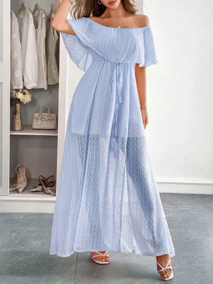 Elegant Strapless Waisted Short Sleeve Long Dress-chiquechics