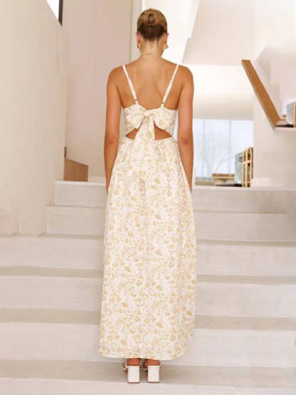 New V-neck waist holiday long dress sexy backless bow tie dress-chiquechics