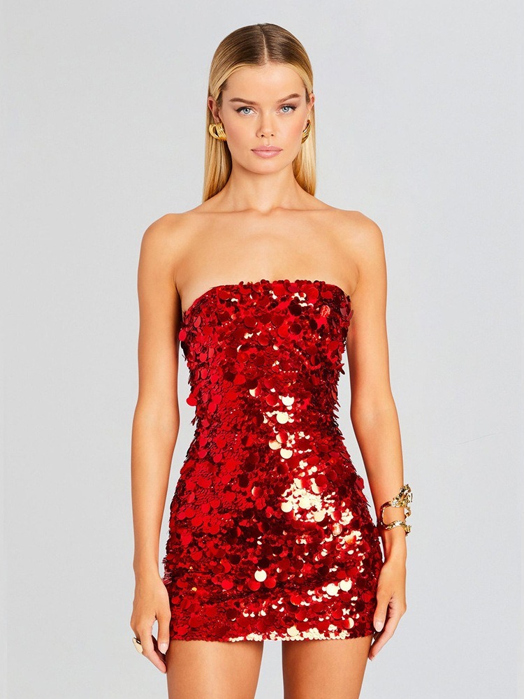 European and American women's new sexy strapless sequined dress with high-end temperament, hip hugging skirt, evening dress for -chiquechics