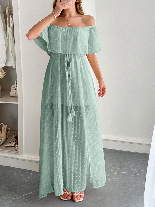 Elegant Strapless Waisted Short Sleeve Long Dress-chiquechics