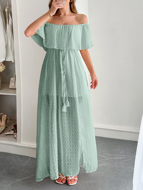 Elegant Strapless Waisted Short Sleeve Long Dress-chiquechics