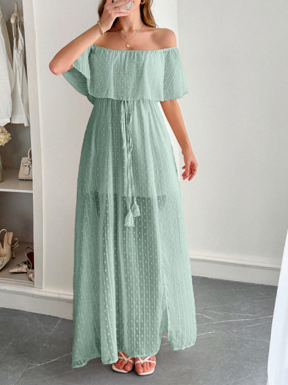 Elegant Strapless Waisted Short Sleeve Long Dress-chiquechics