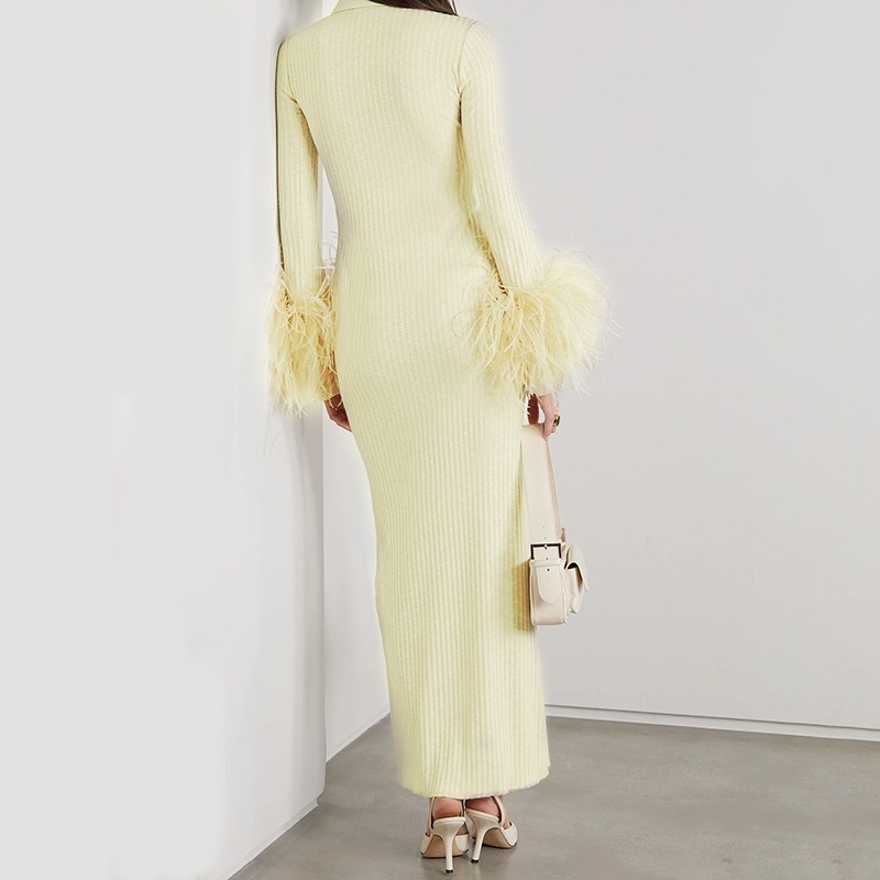 Light Yellow Dress Women Elegant Bandage Long Sleeve Feather Design Party Dress Vestidos-chiquechics