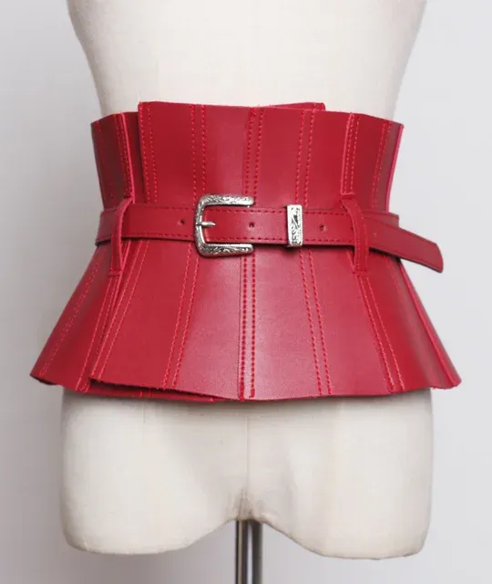 Ruffles PU Leather Cummerbunds Women Solid Color Waist Girdle Adjustable Wide Belts Fasion Spring Summer