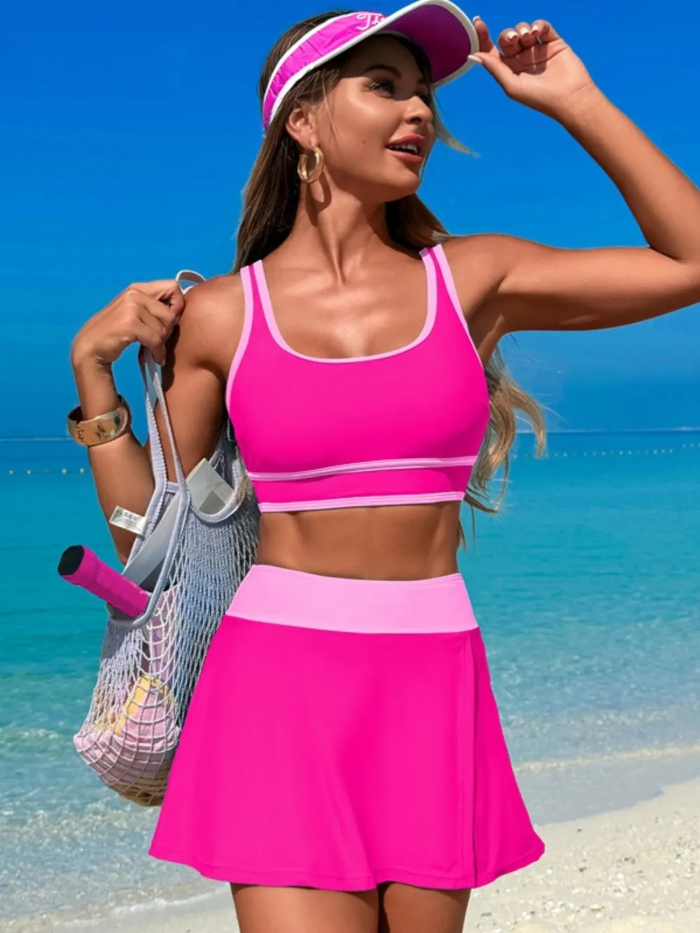 Scoop Neck Top and Skort Swim Set-chiquechics
