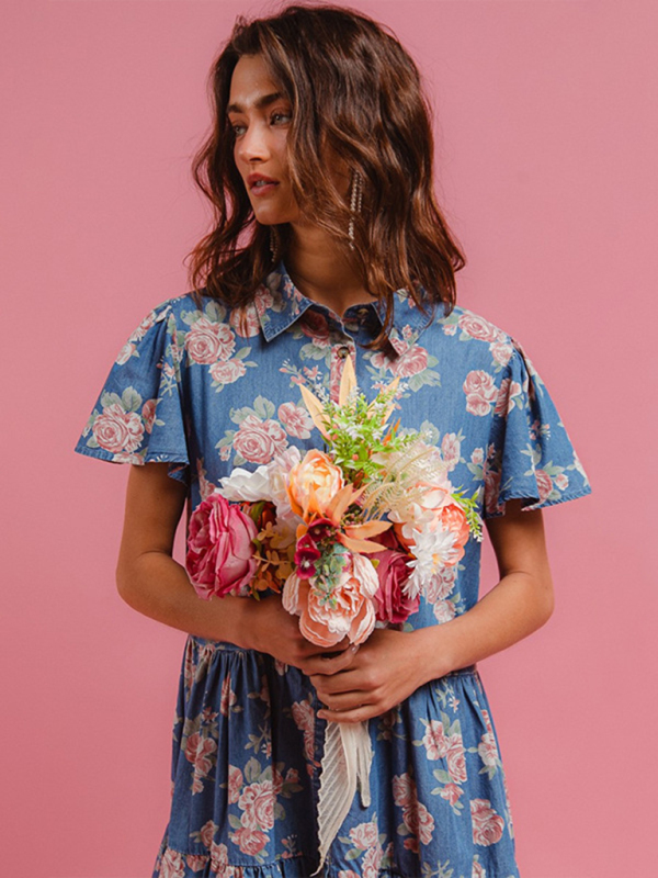 Blue Floral Print Denim A-Line Lapel Shirt Dress-chiquechics