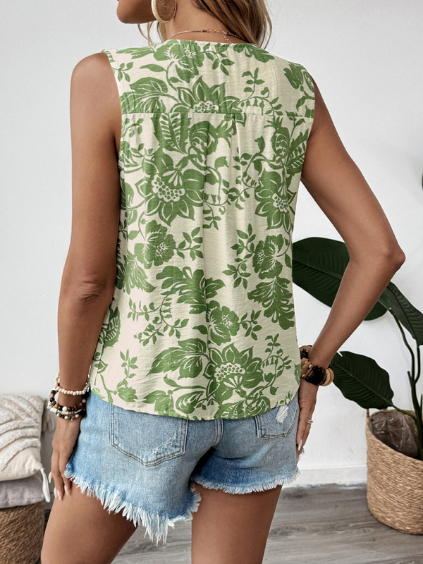 Printed Pleated Lace-Up Sleeveless Shirt-chiquechics