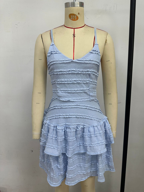 Solid color ruffle sexy suspender lace dress-chiquechics