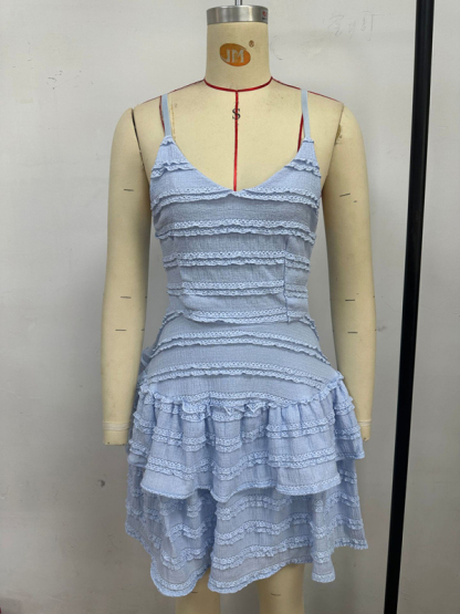 Solid color ruffle sexy suspender lace dress-chiquechics