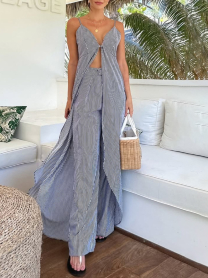 Fashion sleeveless striped camisole top with striped trousers two-piece set-chiquechics