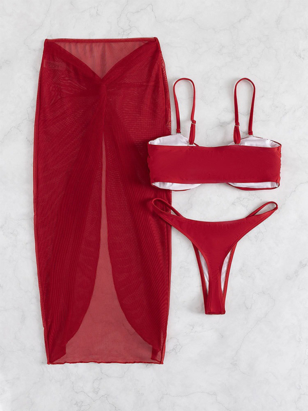 Swimsuit solid color three-piece bikini U-shaped decoration Swimsuit-chiquechics