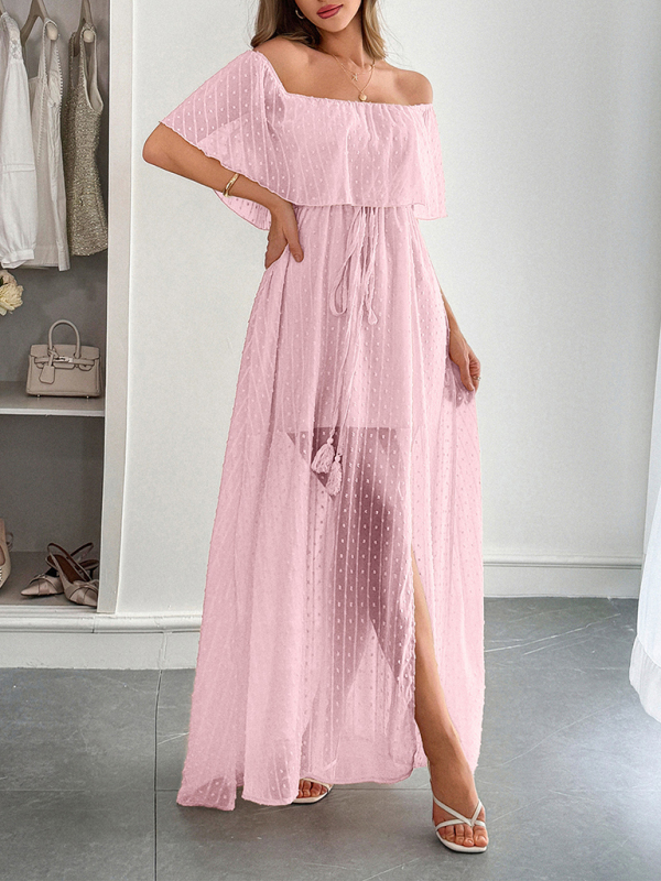 Elegant Strapless Waisted Short Sleeve Long Dress-chiquechics