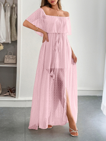 Elegant Strapless Waisted Short Sleeve Long Dress-chiquechics