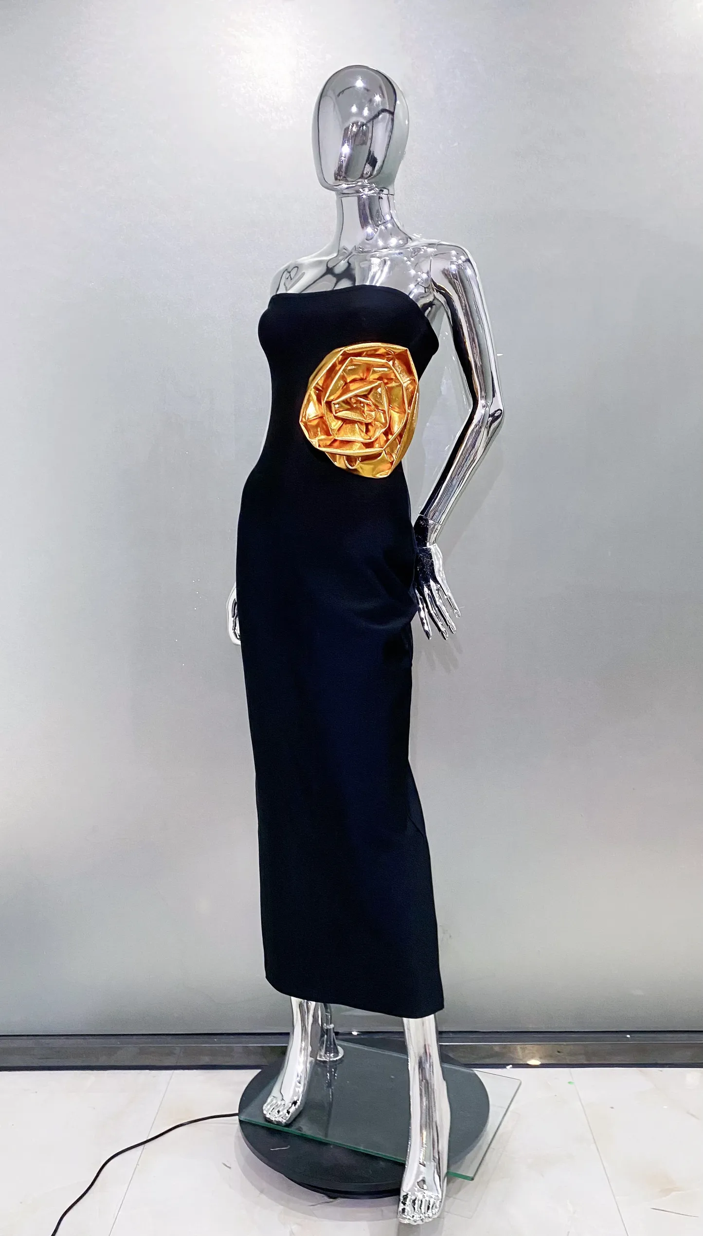 Strapless Big Golden Florals Bodycon Bandage Long Dress 