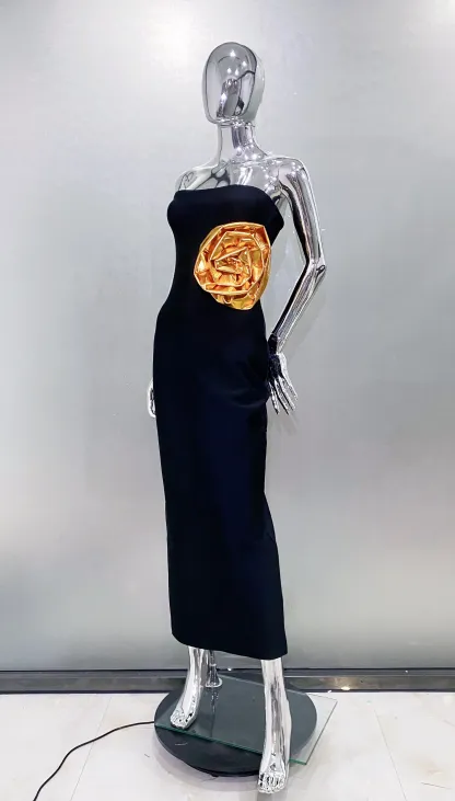 Strapless Big Golden Florals Bodycon Bandage Long Dress 