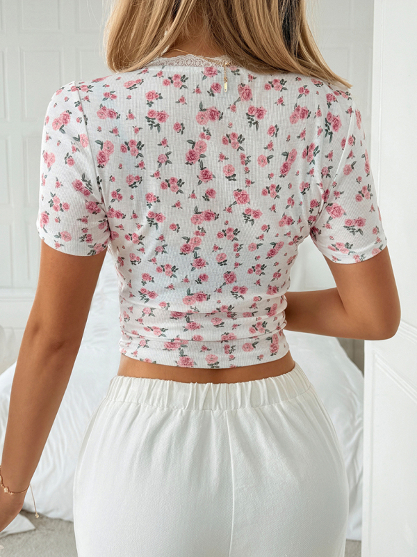 Y2K Hot Girl Style Floral Lace Short Sleeve T-Shirt-chiquechics