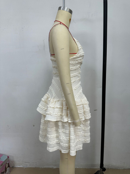 Solid color ruffle sexy suspender lace dress-chiquechics