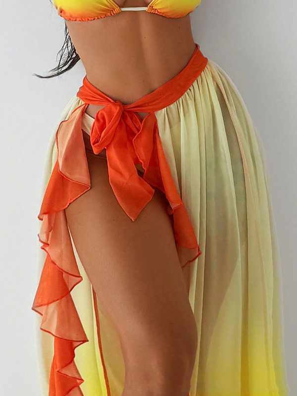 Sexy three-point gradient sunset red bikini with ruffled hem-chiquechics