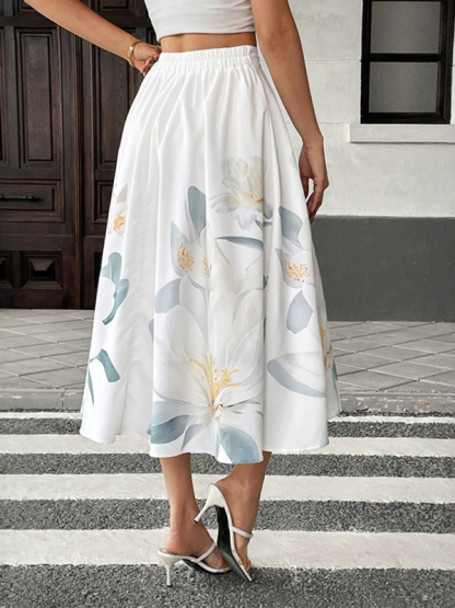 Casual Floral Holiday Dress Button Decorated Printed Skirt-chiquechics