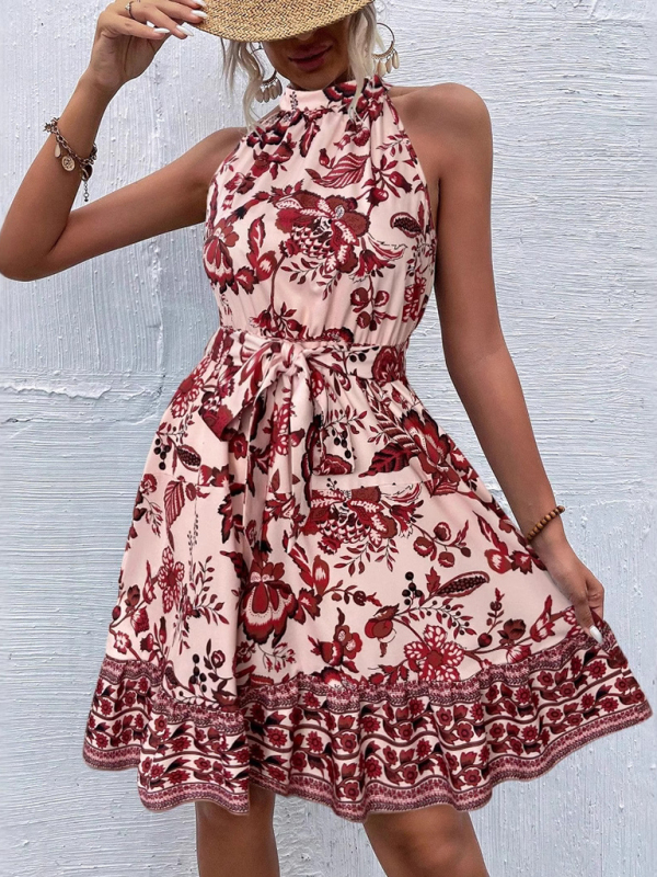 Fashion floral waist halter neck dress-chiquechics
